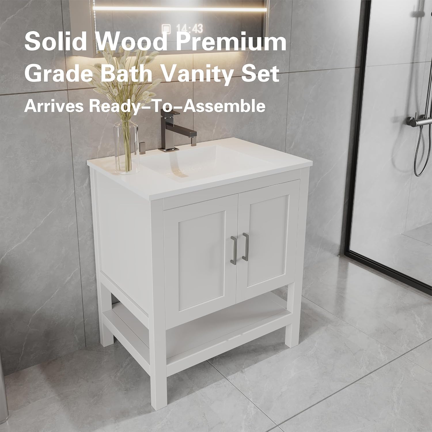 30' Bathroom Vanity with Sink – Freestanding Solid Wood Cabinet with Open Shelf, Soft-Close Doors, Matte White Resin Integrated Top (31' Top Included, White)