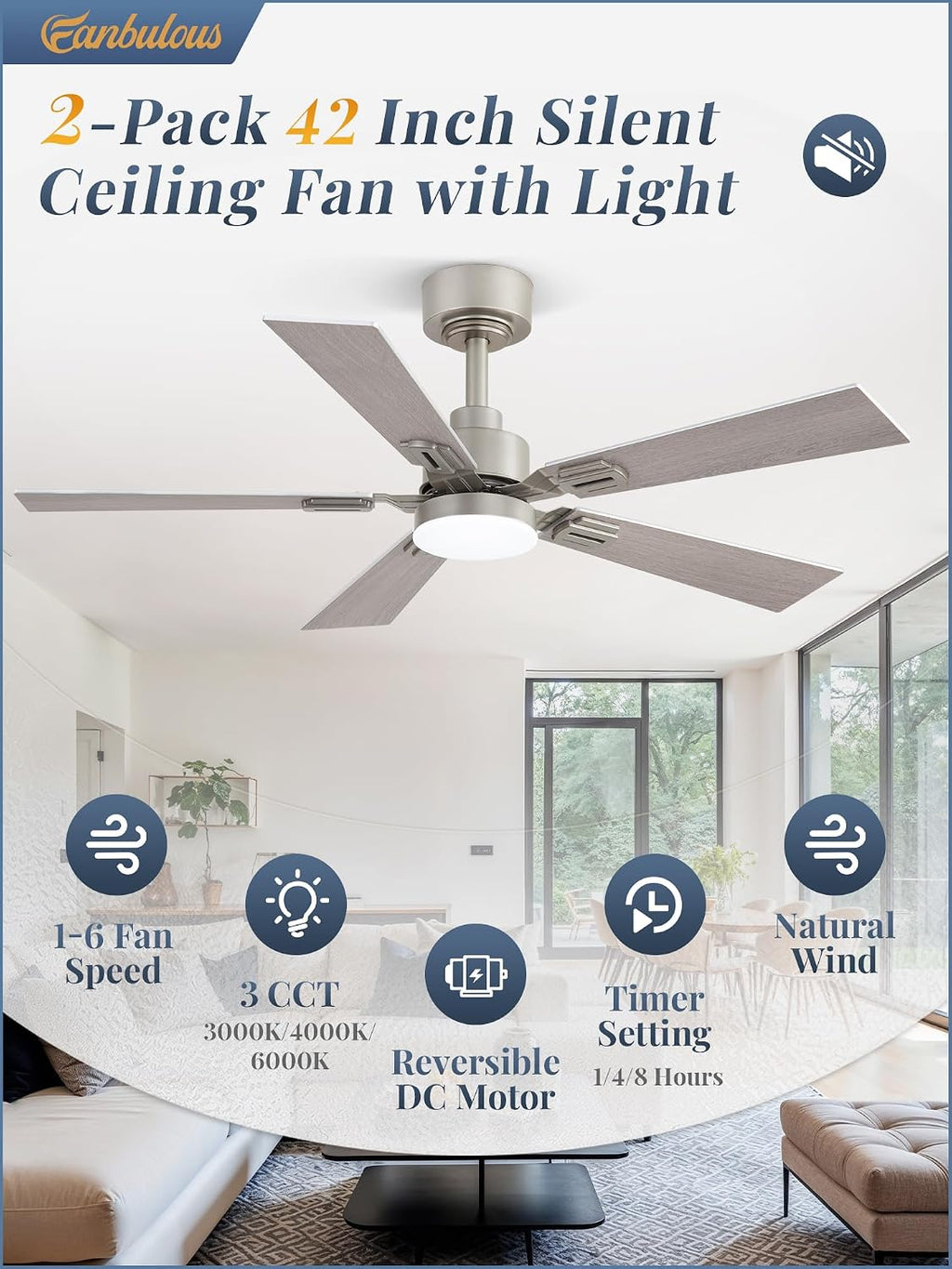 Fanbulous 2 Pack of 42 Ceiling Fans with Lights and Remote, Modern Low Profile Ceiling Fans with Dimmable 3CCT Quiet DC Motor, Reversible Celing Fan with 6-Speeds Timer for Bedroom, Nickel