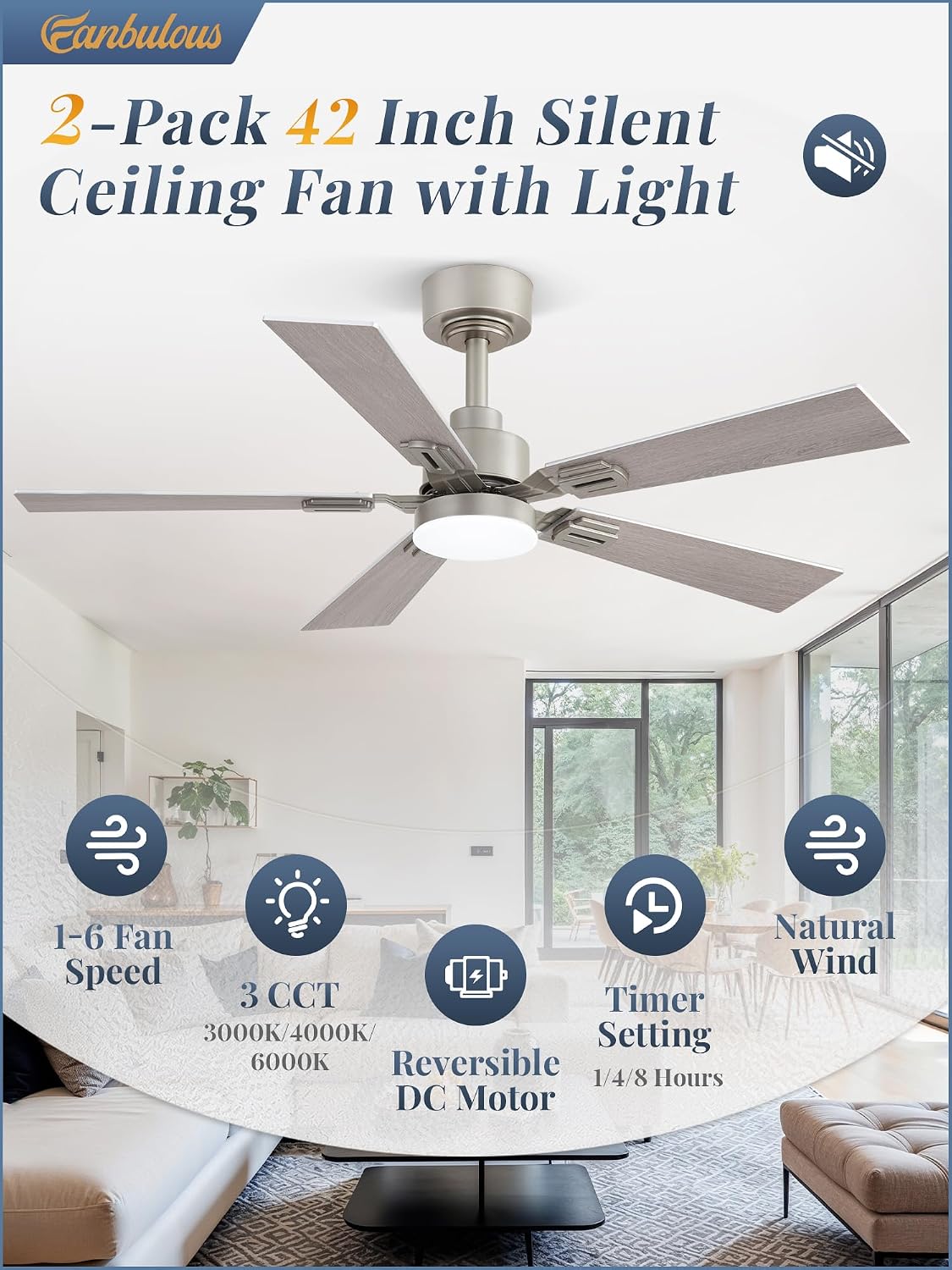 Fanbulous 2 Pack of 42 Ceiling Fans with Lights and Remote, Modern Low Profile Ceiling Fans with Dimmable 3CCT Quiet DC Motor, Reversible Celing Fan with 6-Speeds Timer for Bedroom, Nickel