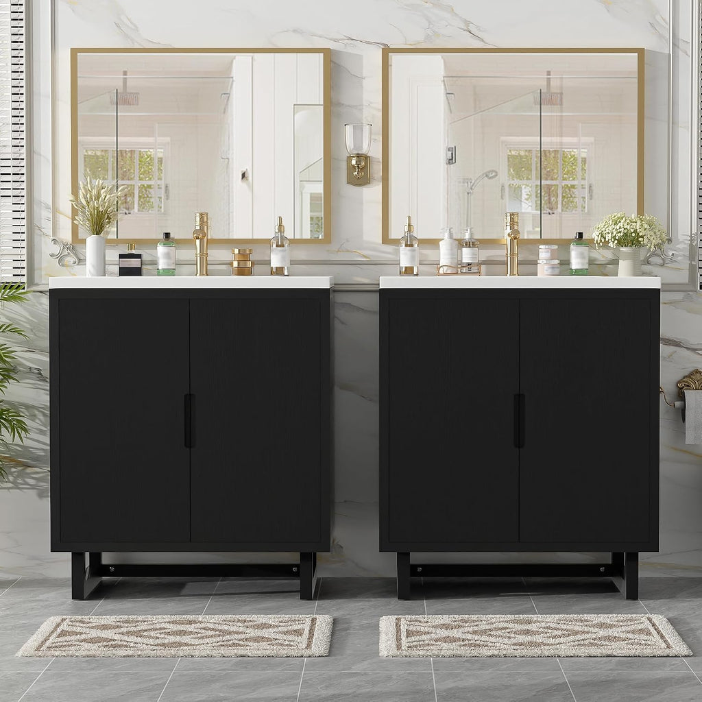 Harper & Bright Designs 60' Bathroom Vanity Set with Double Sink, Free Standing Single Basin Vanity Set with 2 Soft-Close Doors, Vintage Style Storage Cabinet with Resin Basin for Bathroom, Black