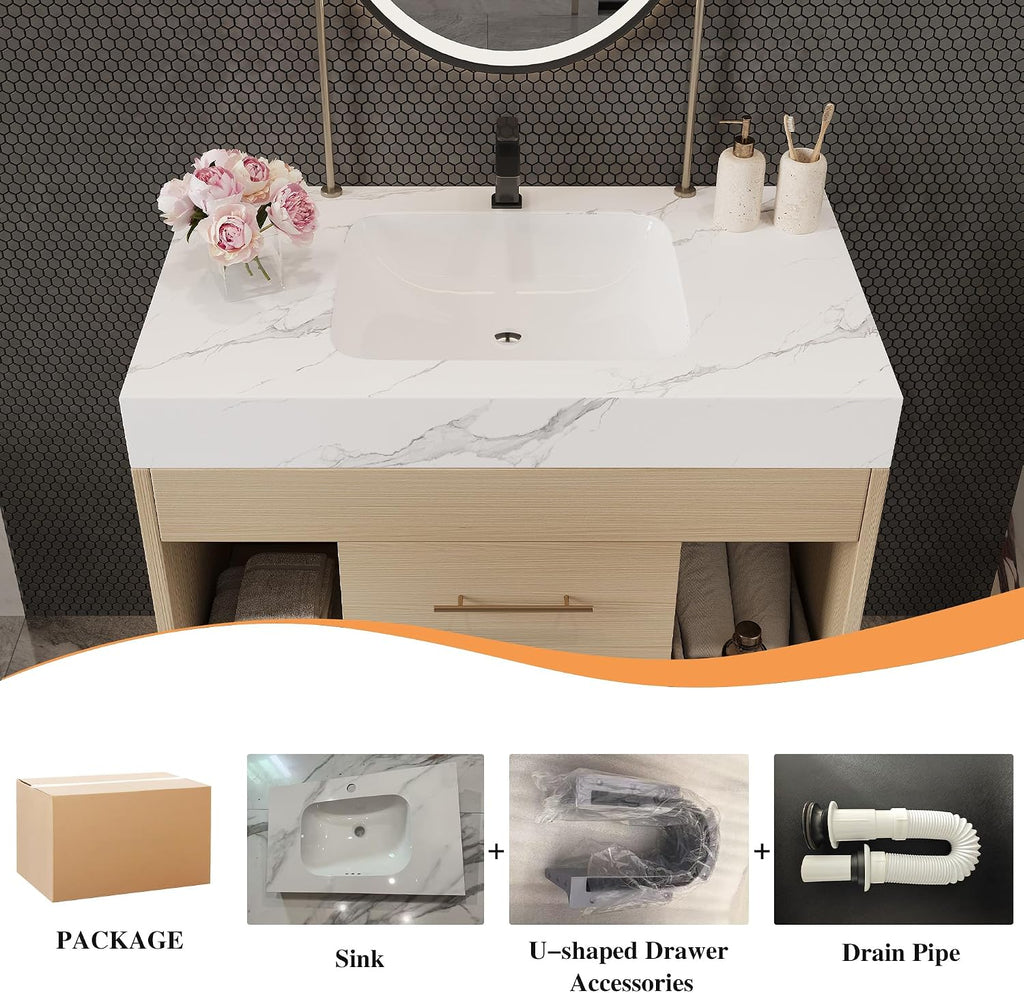 30' Bathroom Vanity with Sink Set, Modern Oak Wall Mounted Bathroom Vanity Cabinet with Sintered Stone Top&Gold Handle 2 Drawers&2 Open Storage, Single Sink Floating Bathroom Vanity