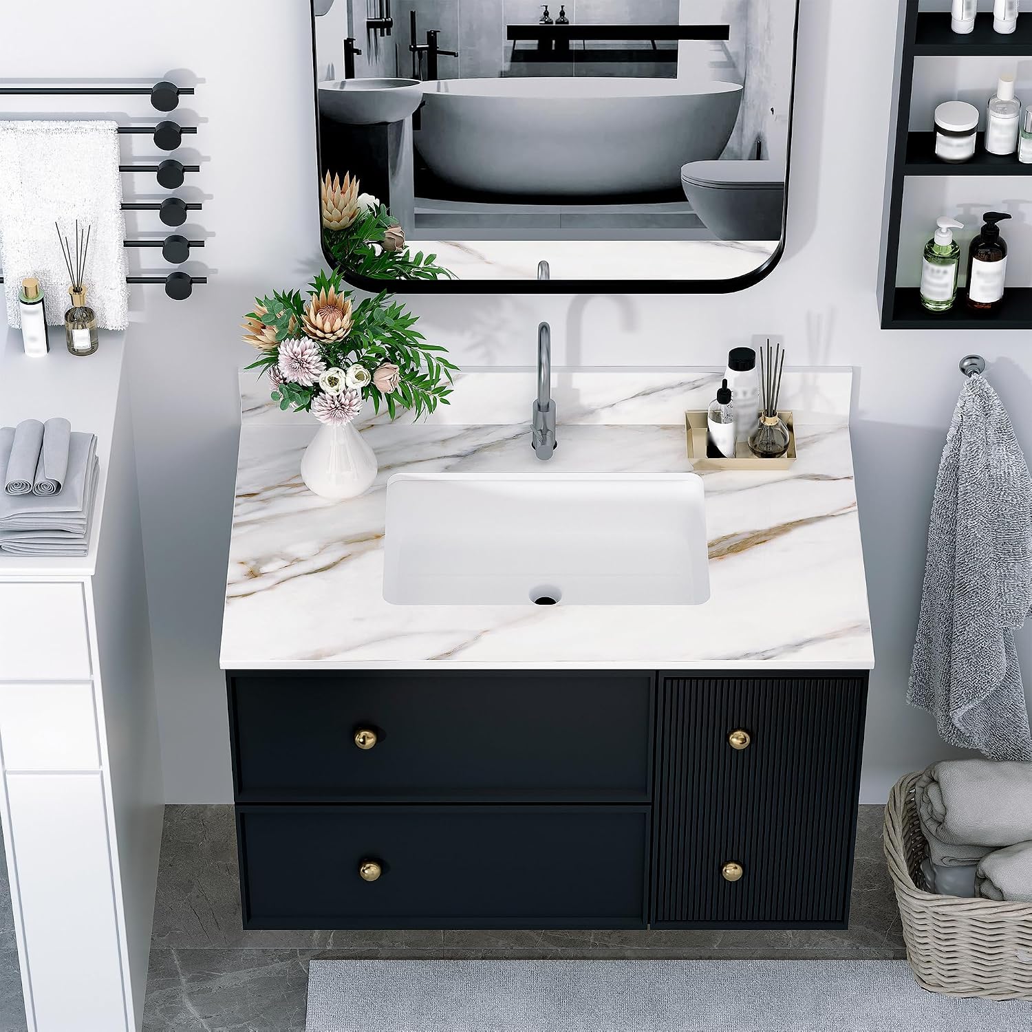 37 in Vanity Top with Sink, Marble Bathroom Vanity Top with 4' Backsplash, Pre-Drilled Faucet Single Holes, Undermount Rectangular Middle Sink, Sintered Stone Vanity Tops (Cabinet Not Included)