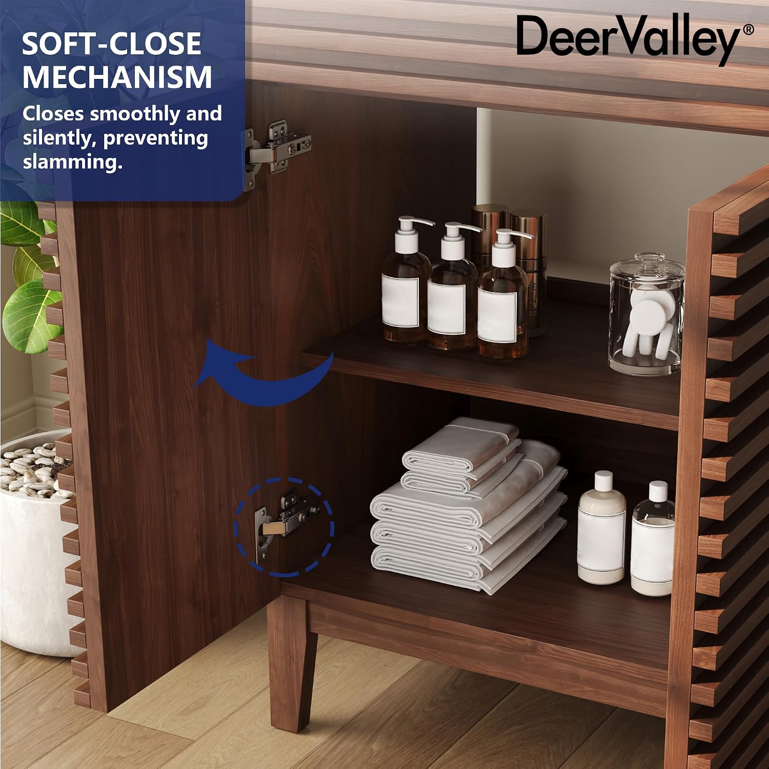 DeerValley 24' Bathroom Vanity with Ceramic Sink Top, Multifunctional Storage Space Vanity, Soft Closing Doors, Pre-Assembled Mid-Century Wood Bathroom Cabinet Sink Combo in Walnut White
