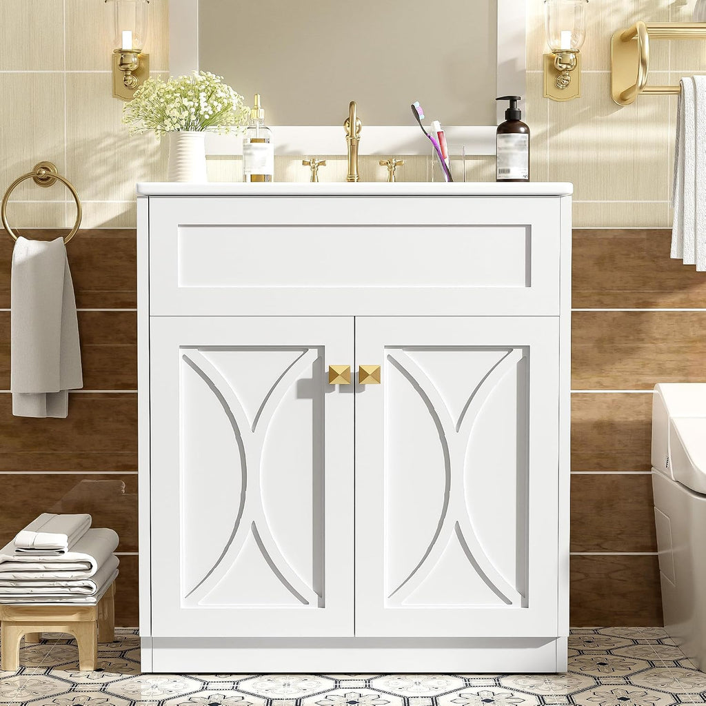 30 Inch White Bathroom Vanity with Sink,Modern Freestanding Bathroom Vanity with Storage Rack,Intergrated Countertop,Gold Handles,Elegant Soft Closing Doors(Ceramic Sink)