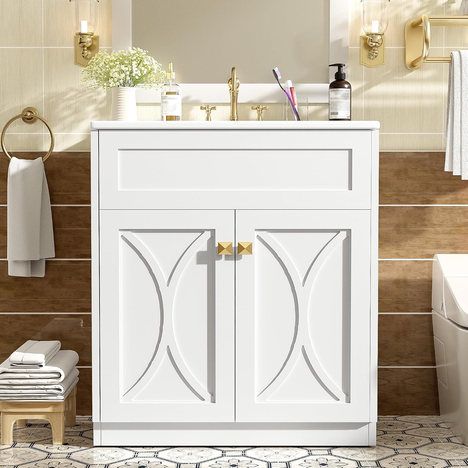 30 Inch White Bathroom Vanity with Sink,Modern Freestanding Bathroom Vanity with Storage Rack,Intergrated Countertop,Gold Handles,Elegant Soft Closing Doors(Ceramic Sink)