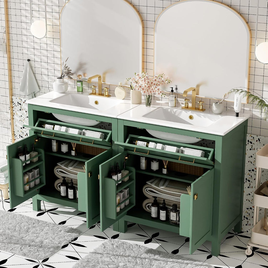 Harper & Bright Designs 60' Bathroom Vanity Set with Double Sink, Vanity Cabinet with Flip Drawer, 2 Doors, and Adjustable Shelf, Solid Wood Bathroom Cabinet with Ceramic Basin for Bathroom, Green