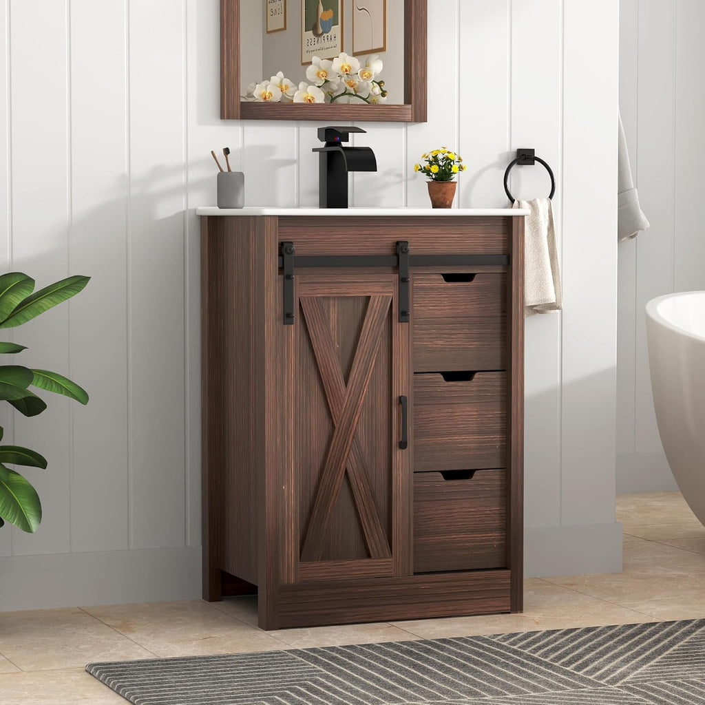chartustriable 24 Inch Bathroom Vanity with Sink & Faucet & Mirror, Farmhouse Bathroom Vanity Cabinet Set with Sliding Barn Door & Drawers, Small Single Bath Storage Vanity Sink, Brown