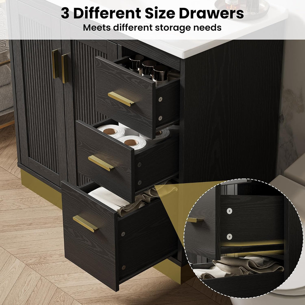ANCTOR 36 inch Bathroom Vanity with Sink, Modern Black Bathroom Sink with Upgraded All-in-One SMC Sink, Adjustable Shelves, 2 Metal Hooks, Soft Closing Doors, 3 Drawers & Gold Handles