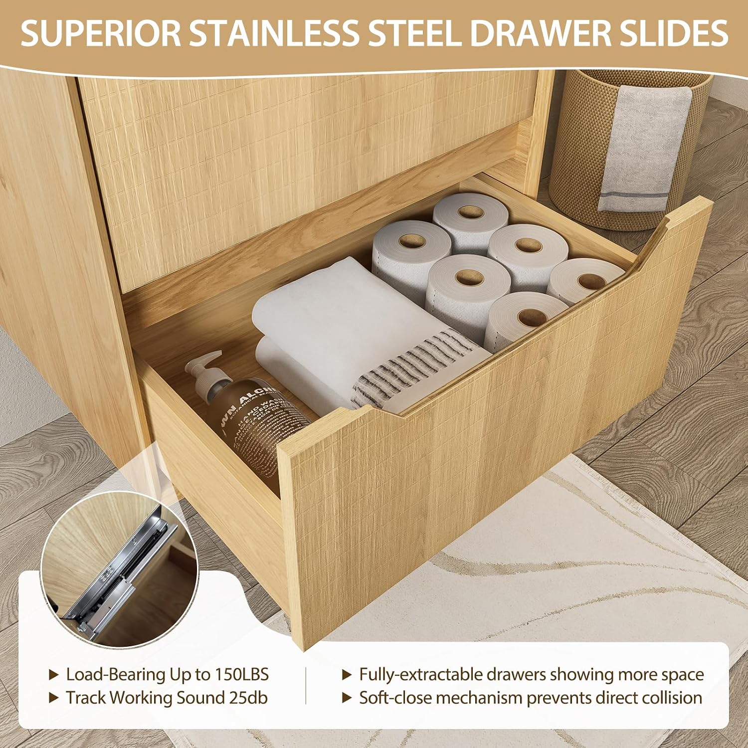 Eleshine 24' Wall Mounted Floating Bathroom Vanity with Sink, 2 Soft-Close Drawers, White Stone Top, Natural Oak Grid Texture, Multi-Layer Solid Wood, Pre-Assembled