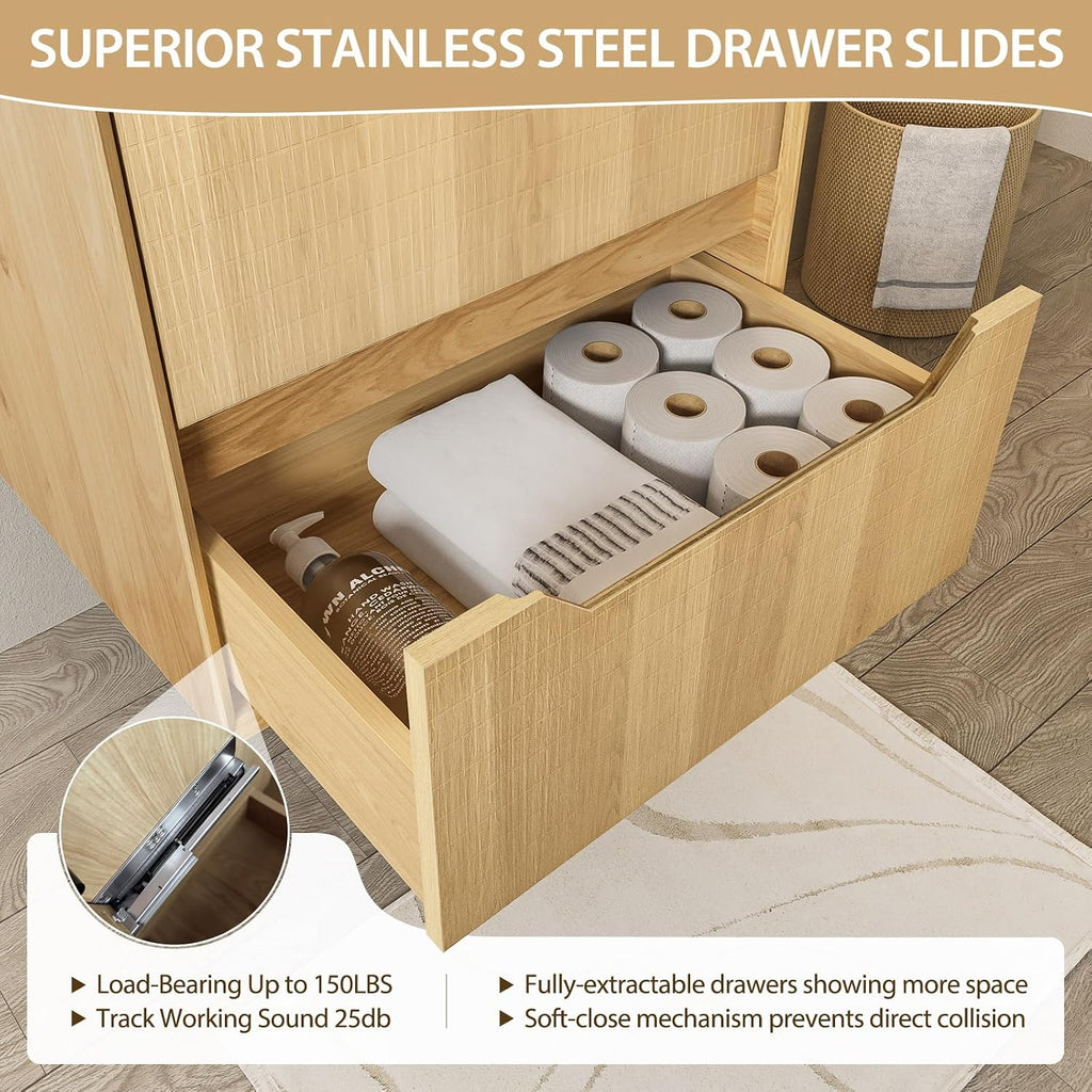 Eleshine 32' Wall Mounted Floating Bathroom Vanity with Sink, 2 Soft-Close Drawers, White Stone Top, Natural Oak Grid Texture, Multi-Layer Solid Wood, Pre-Assembled