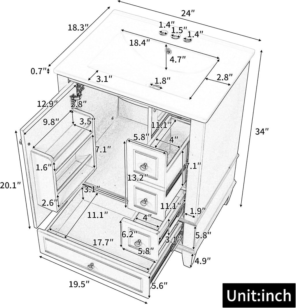 24' Modern Freestanding Bathroom Vanity with Ceramic Sink Top, 3 Drawers & Storage Shelves - MDF & Solid Wood Base