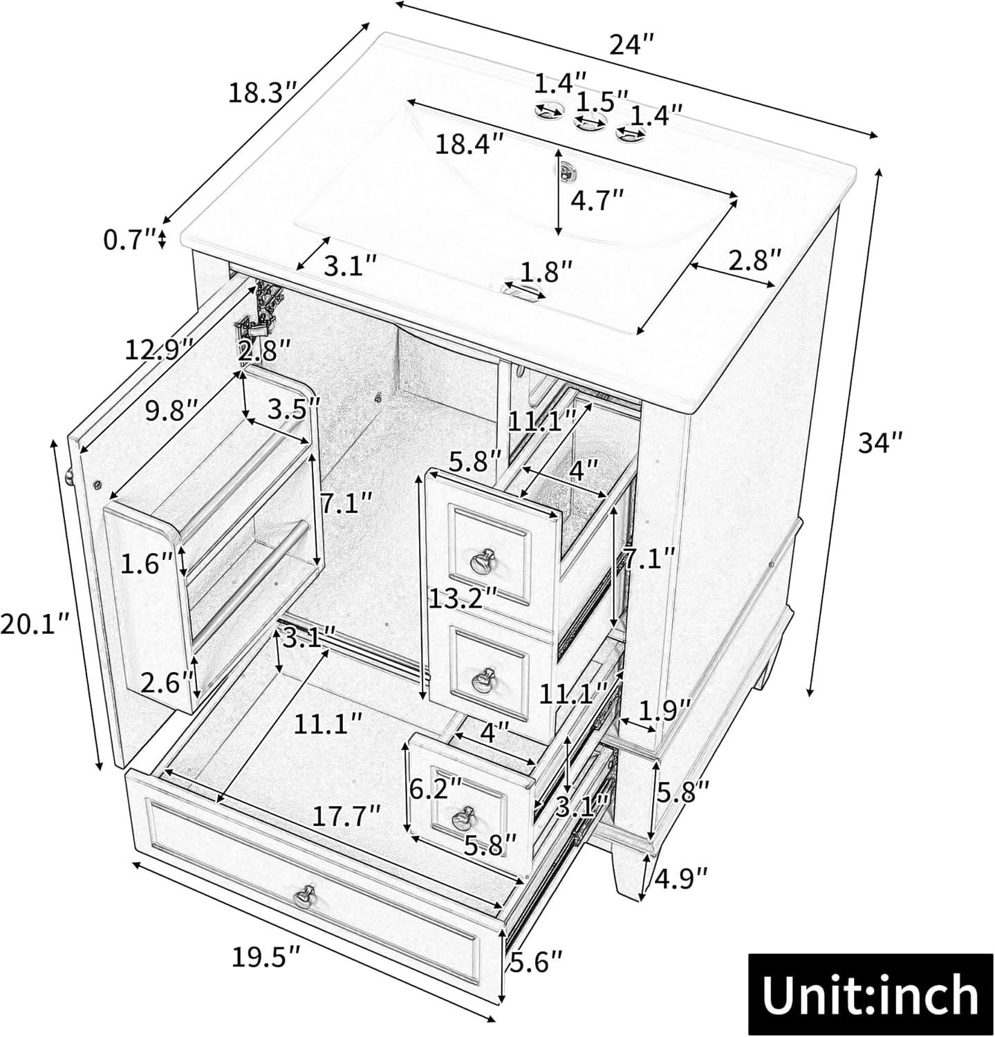 Mirightone 24' Vanity with Sink, Small Bathroom Vanities 24 Inch with Sink, Single Sink Bathroom Vanity with Door Shelf and Three Drawers, Restroom Vanity with Sink Top (Blue)