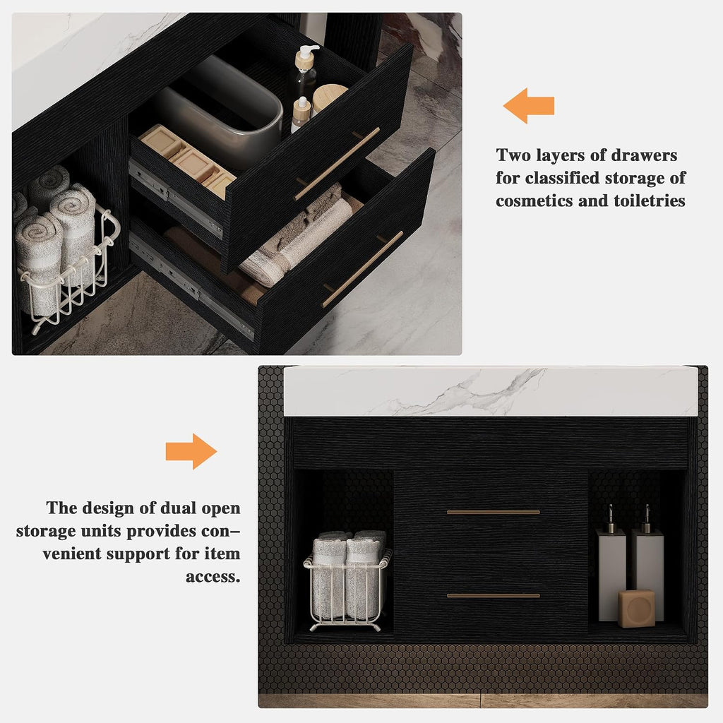 30' Bathroom Vanity with Sink Set, Modern Black Wall Mounted Bathroom Vanity Cabinet with Sintered Stone Top&Gold Handle 2 Drawers&2 Open Storage, Single Sink Floating Bathroom Vanity