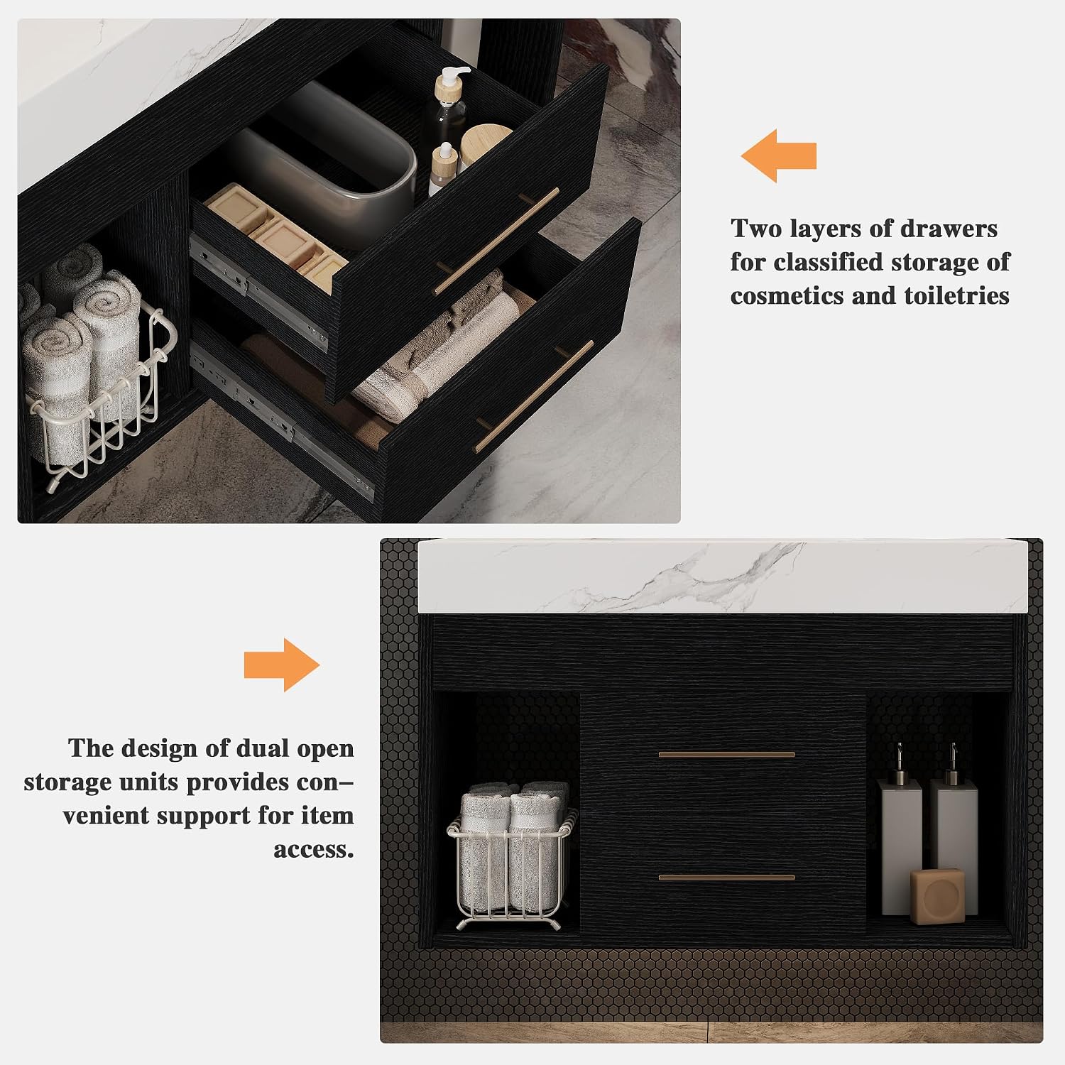 30' Bathroom Vanity with Sink Set, Modern Black Wall Mounted Bathroom Vanity Cabinet with Sintered Stone Top&Gold Handle 2 Drawers&2 Open Storage, Single Sink Floating Bathroom Vanity