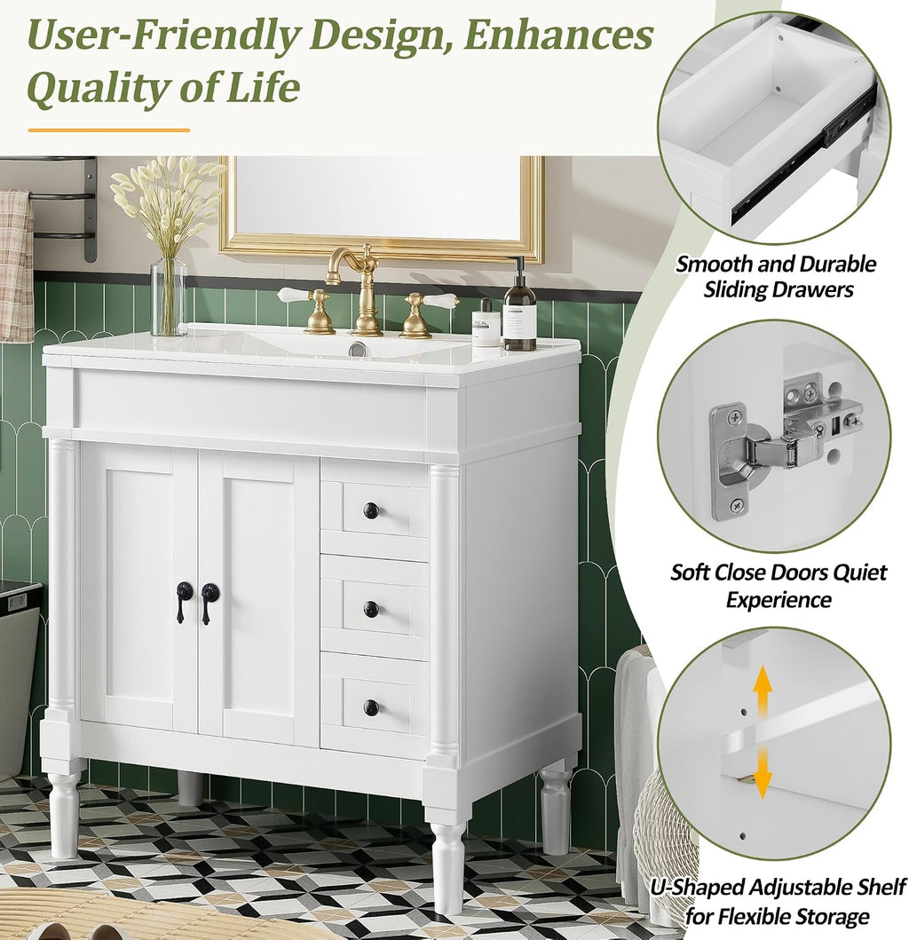 Favfurish 30' Bathroom Vanity with Ceramic Sink,2 Soft-Closing Doors and 3 Drawers,Bathroom Storage Cabinet Set w/U-Shaped Adjustable Shelf,Modern Elegant Design,Without Faucet,White