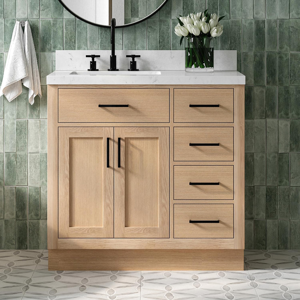 DKB Isabella 36-Inch Oak Bathroom Vanity with Sink, Carrara White Quartz Countertop 1.5' Edge, Left Single Rectangular Sink, 2 Soft Closing Doors, 5 Drawers, Solid Wood Frame