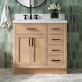 DKB Isabella 36-Inch Oak Bathroom Vanity with Sink, Carrara White Quartz Countertop 1.5' Edge, Left Single Rectangular Sink, 2 Soft Closing Doors, 5 Drawers, Solid Wood Frame