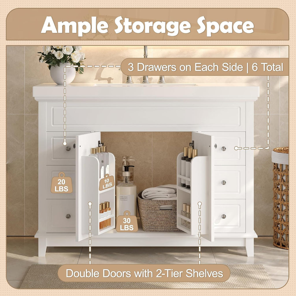 48' Bathroom Vanities Cabinet with Sink Top, Soft-Closing 6 Drawers and 2 Doors, Solid Wood Frame, White