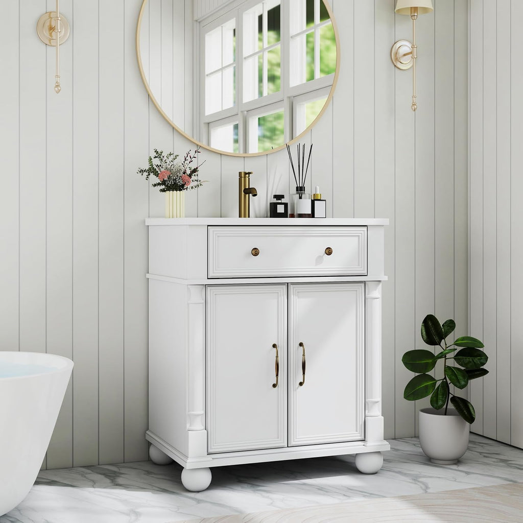 28 Inch Mid-Century Bathroom Vanity with Sink, Green Solid Wood Frame with Roman Column Base, Freestanding Cabinet with Metal Handles and Storage (White)