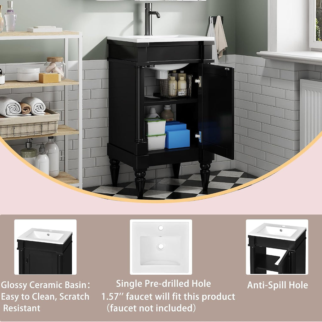 VilroCaz Modern 18'' Bathroom Vanity with Top Sink, Freestanding Bathroom Storage Cabinet with Door and Adjustable Shelf, Single Sink Cabinet with Nordic Style Legs (Black-Retro)