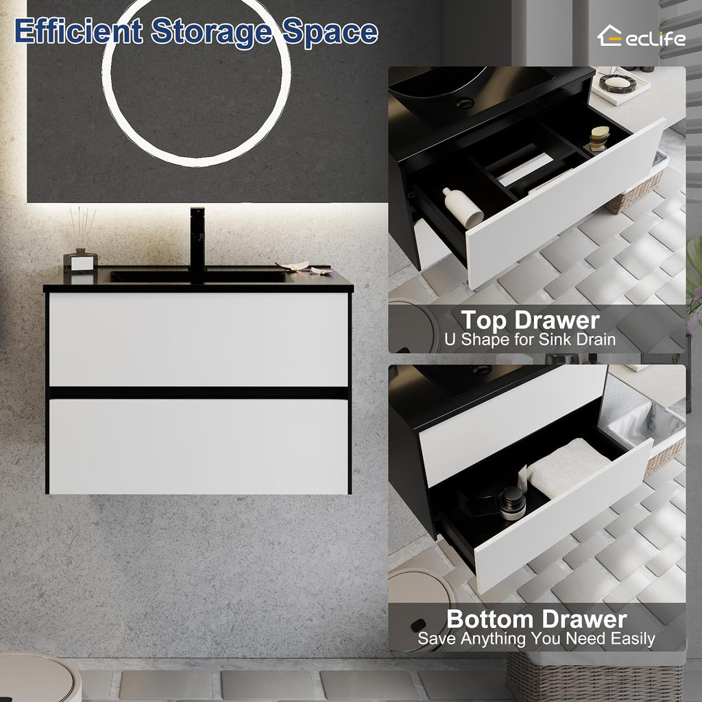 eclife 30' Bathroom Vanity Cabinet with Undermount Black Sink Combo, Wall Mounted Floating Bathroom Cabinet with Colors Mixed Style, 2 Big Drawers & Matte Black Faucet