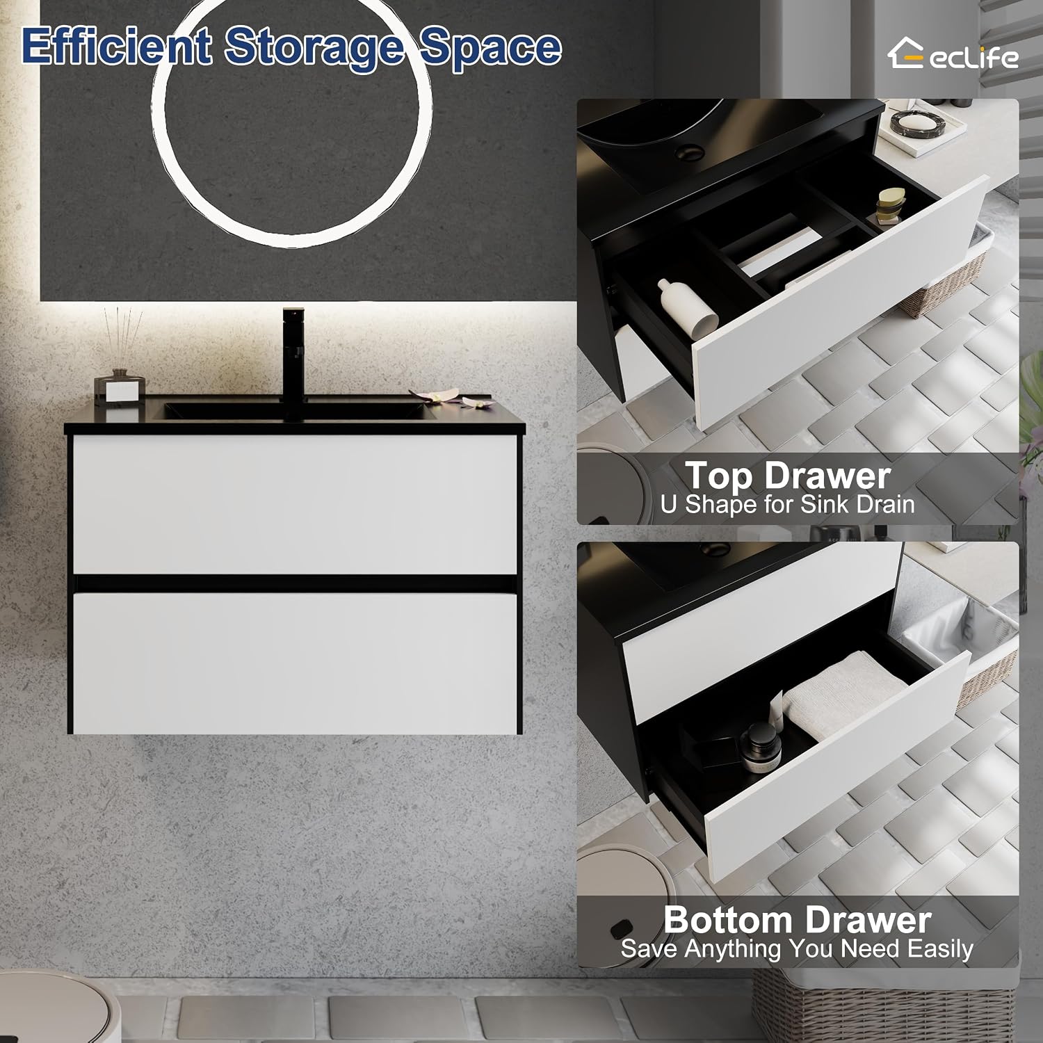 eclife 30' Bathroom Vanity Cabinet with Undermount Black Sink Combo, Wall Mounted Floating Bathroom Cabinet with Colors Mixed Style, 2 Big Drawers & Matte Black Faucet