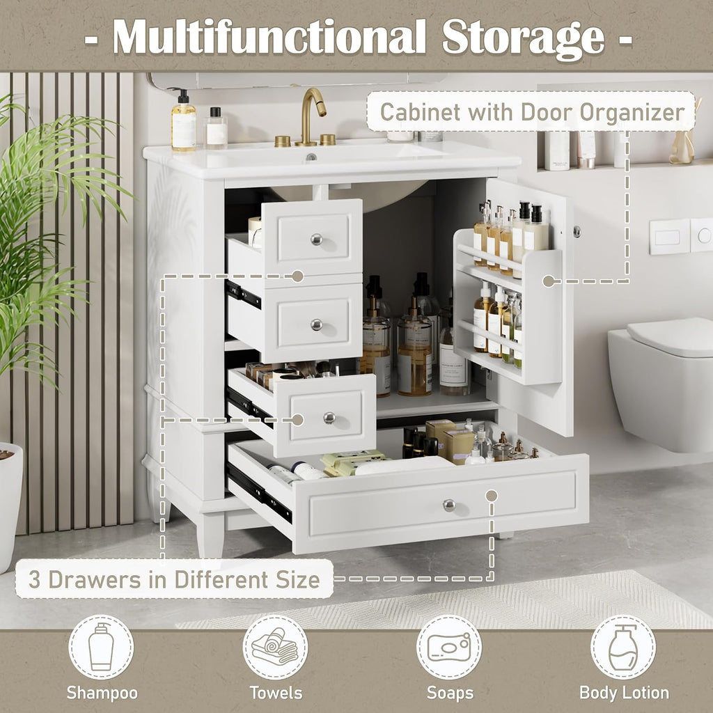 Mirightone 60 Inch Bathroom Vanity with Double Sink, 60 Double Sink Bathroom Vanity, Bathroom Vanity 60' Double Sink with 6 Drawers, 2 Cabinets and 2 Door with Shelves (White)
