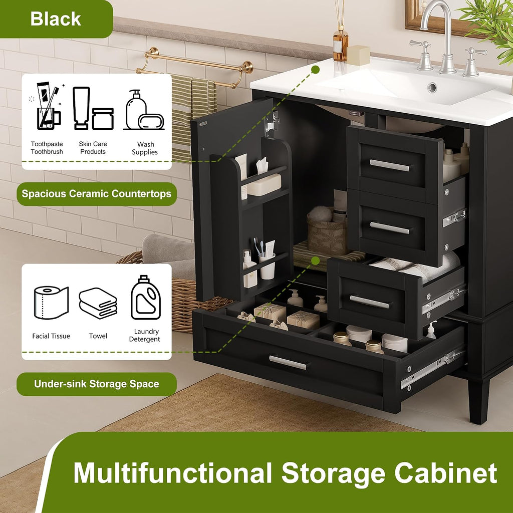 Harper & Bright Designs 30' Bathroom Vanity with Sink, Free Standing Single Basin Vanity Set with One Door, 2 Drawers and Divided Drawers, Wood Bathroom Cabinet with Ceramic Basin for Bathroom, Black