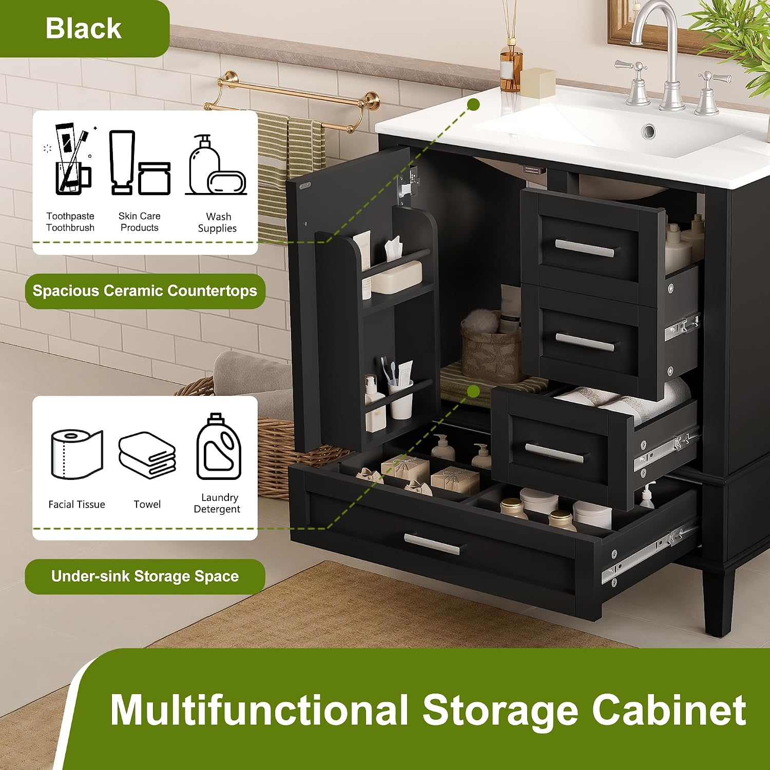 Harper & Bright Designs 30' Bathroom Vanity with Sink, Free Standing Single Basin Vanity Set with One Door, 2 Drawers and Divided Drawers, Wood Bathroom Cabinet with Ceramic Basin for Bathroom, Black