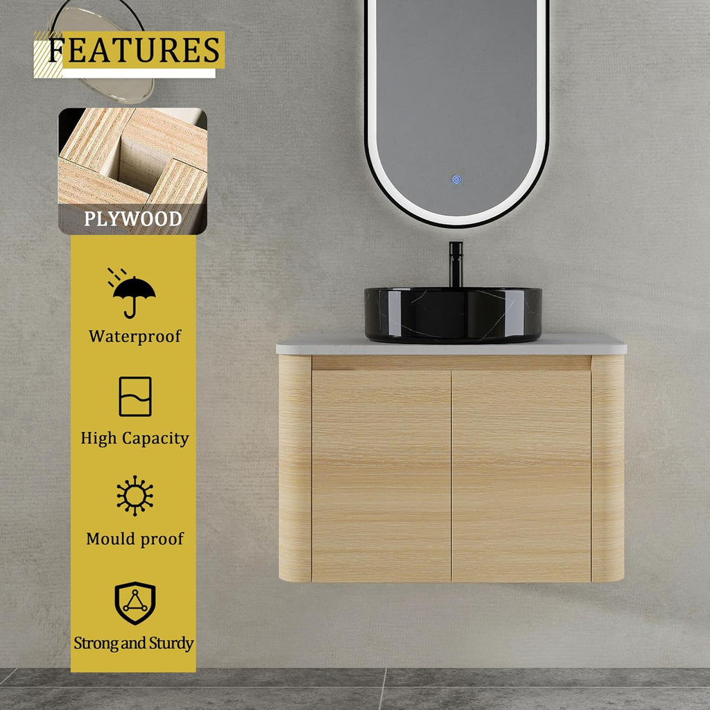 30 Inch Wall-Mounted Bathroom Vanity with Sink Combo Modern Floating Bathroom Vanitites with Round Ceramic Vessel Sink 30' Bathroom Sink Cabinet with Marble Counter Top & Soft Closing Door