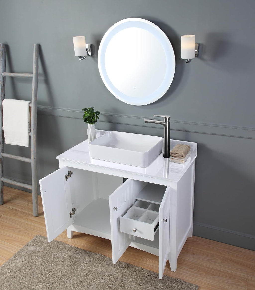 42' Triadsville White Vanity with White QuartzTop, Vessel Style Bathroom Sink, Soft-Closing Doors, Full Extension Drawer, Brushed Nickel Hardware