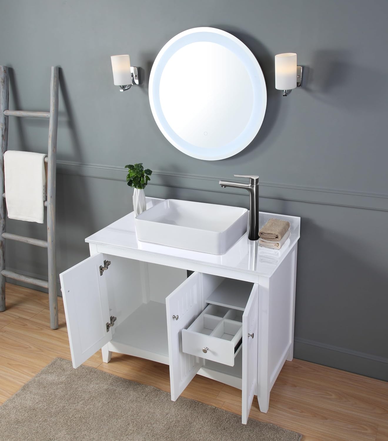 42' Triadsville White Vanity with White QuartzTop, Vessel Style Bathroom Sink, Soft-Closing Doors, Full Extension Drawer, Brushed Nickel Hardware