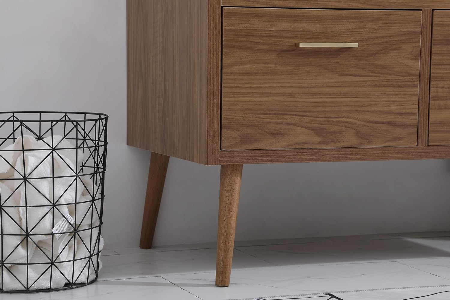 42' Pre-Assembled Bathroom Vanity with Sink, Engineered Wood, Ivory White Engineered Marble Countertop Attached, Single Rectangle Porcelain Sink, 2 Soft-Close Drawers, Walnut Brown