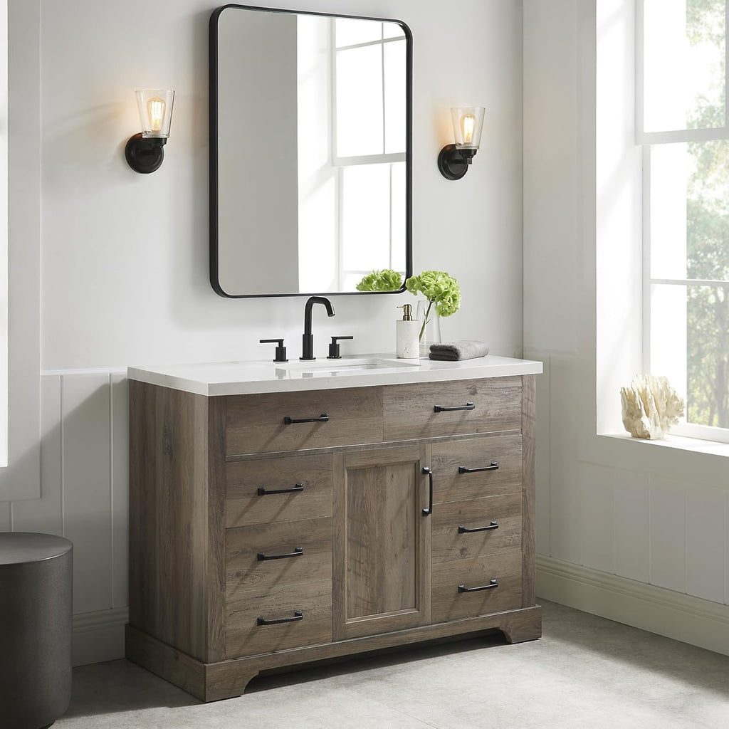 Mia Brown Grey Oak Wood 48-Inch Single Bathroom Vanity with Sink, Shaker Door Cabinet with Shelf, Drawers, Matte Black Handles, Pre-Drilled Marbled White Stone Top, Freestanding, Fully Assembled