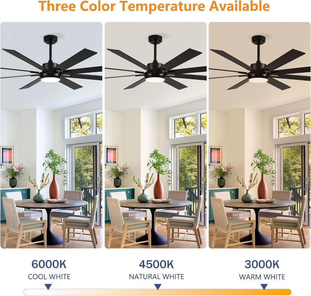 72 Inch Large Size With Light Kit & Remote Control 8 PCS Blades Ceiling Fan 3 Color Dimmable Led Dc Motor Reversible 6 Speed Quiet Remote Control Ceiling Fan For Living Room Bedroom Indoor Matte Black