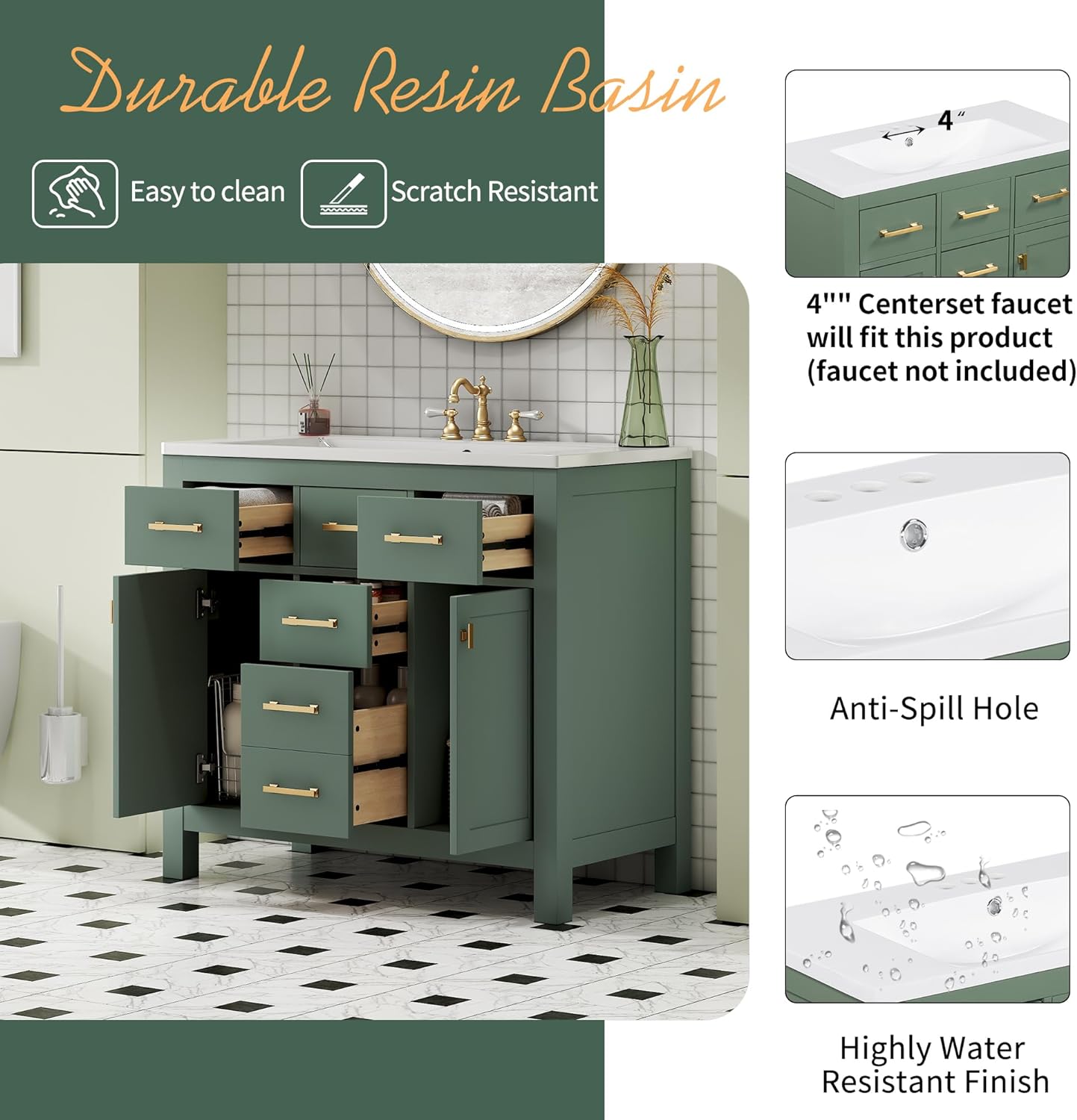 36 Inch Green Bathroon Vanity with Sink,Modern Bathroom Sink Cabinet 36' with 4 Drawers & 2 Cabinets,Integrated Countertop,Gold Handles,Soft Closing,Solid Wood Frame