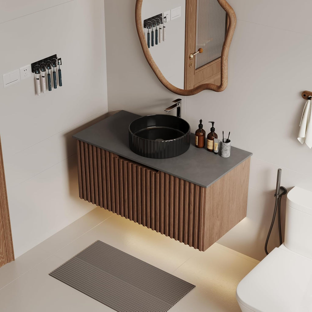 36' Floating Bathroom Vanity with Sink, Modern Wall Mounted Vanity Bathroom Storage Cabinet with Dark Gray Sintered Stone Top Black Ceramic Basin, Walnut