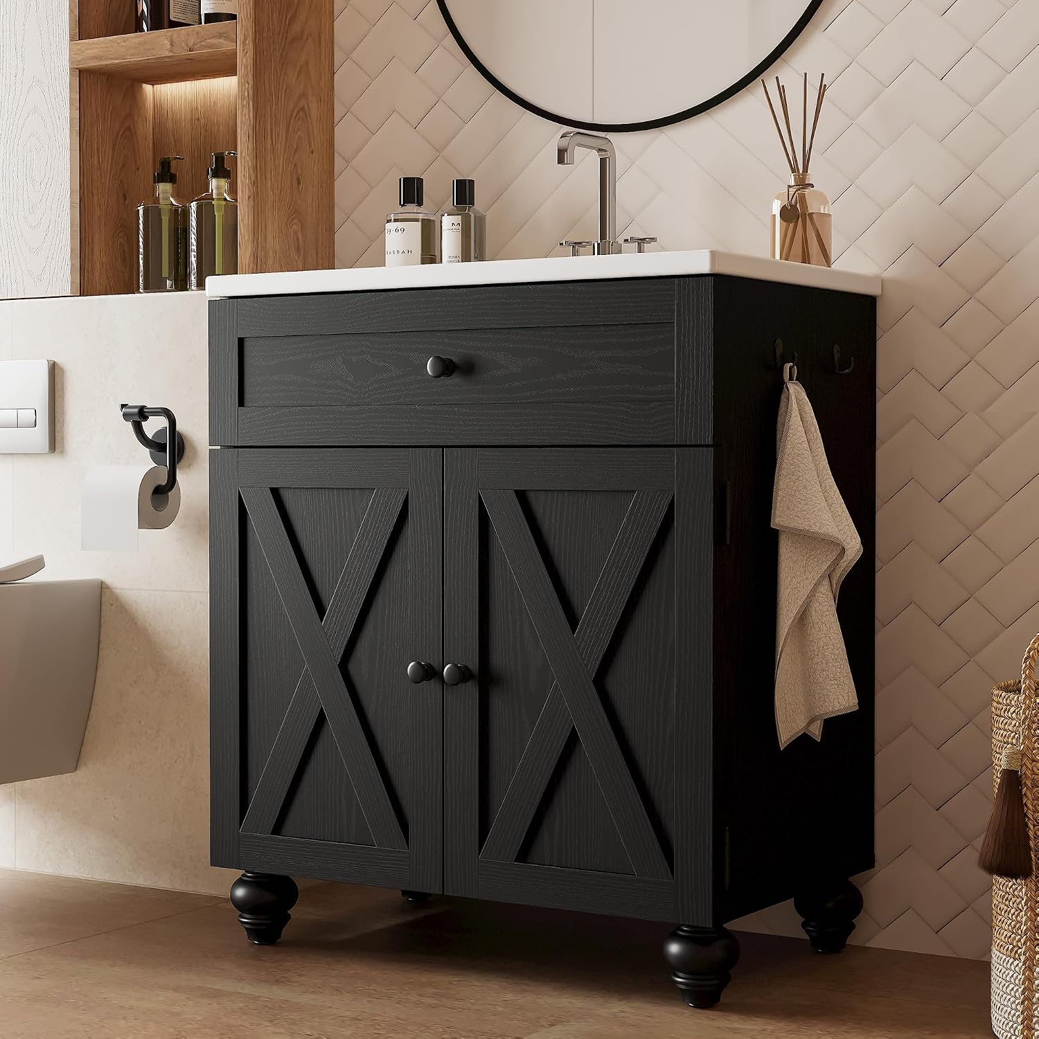 30 Inch Bathroom Vanity with Sink Easy-to-Install 30' Bathroom Vanity 2-Tier Large Storage Areas with Adjustable Shelves 4-Tier Storage Compartments Tip-out Drawer 2 Hooks Solid Wood Legs Black