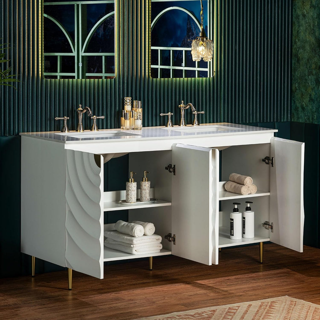 Woodbridge 60'x22' Bathroom Vanity with Double Ceramic Undermount Sinks, White Engineered Stone Top,3D Wave Pattern Cabinet Doors, Sleek Thin Legs,Glossy White Finish for a Clean, Modern Look