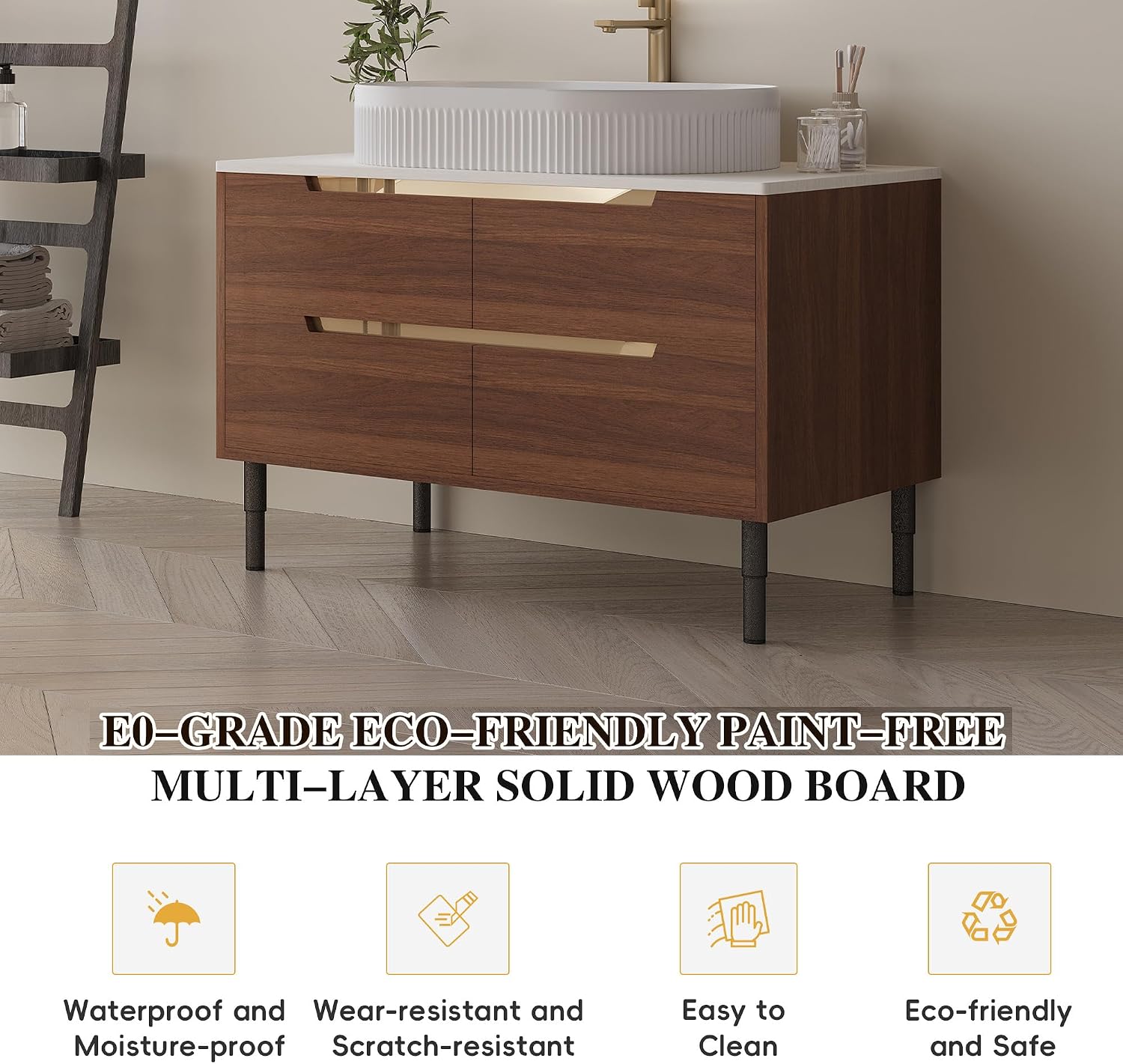36' Bathroom Vanity with Above Oval Sink Set, Modern Walnut 2-in-1 Wall Mounted & Freestanding Bathroom Vanity Cabinet with Sintered Stone top&4 Storage Drawers, Bathroom Single Sink Cabinet