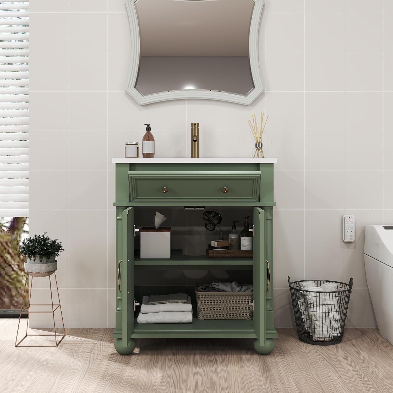 28 inch Bathroom Vanity with Sink, Modern Freestanding Bathroom Vanity Cabinet with Ceramic Sink, Flip Top Drawer, 2 Soft Closing Doors, Adjustable Shelf, Metal Handles, Round Column Base, Green