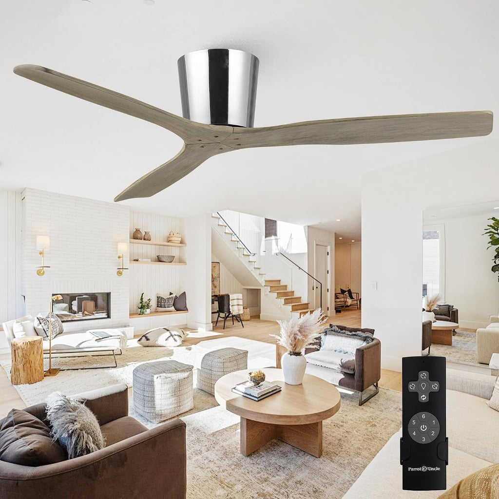 Low Profile Ceiling Fans Without Lights, 54 Inch Flush Mount Ceiling Fan with Remote Control, 3 Wood Blades, Reversible DC Motor Ceiling Fan No Light for Bedroom Living Room, Silver