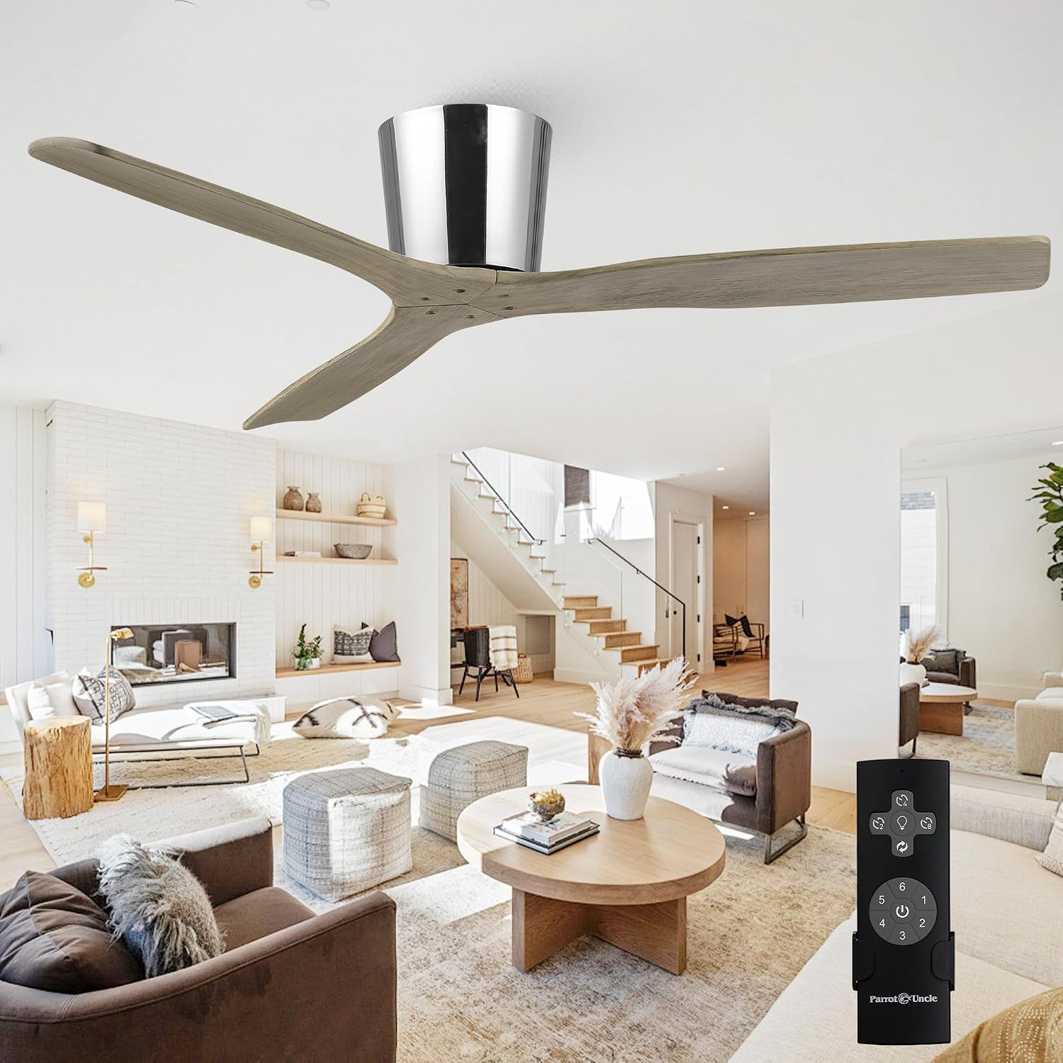 Low Profile Ceiling Fans Without Lights, 54 Inch Flush Mount Ceiling Fan with Remote Control, 3 Wood Blades, Reversible DC Motor Ceiling Fan No Light for Bedroom Living Room, Silver