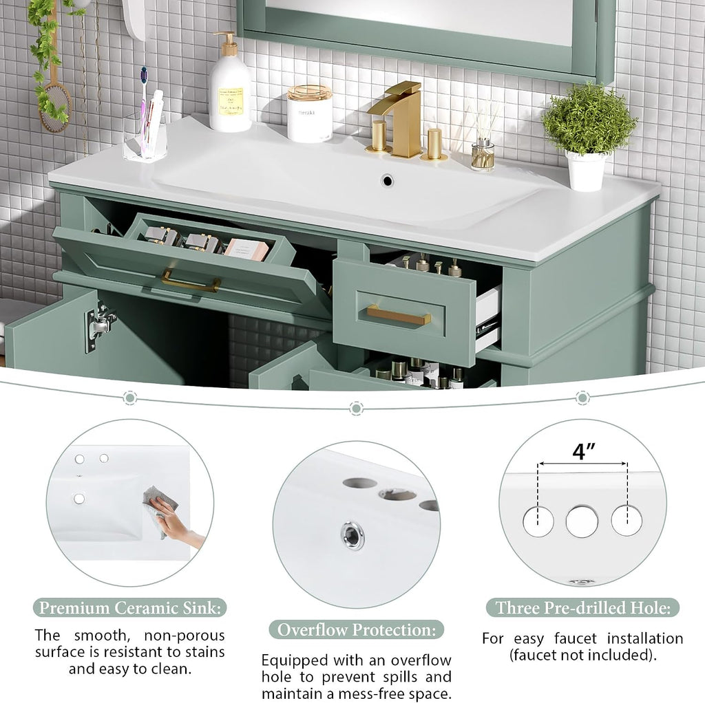 LUMISOL 36' Bathroom Vanity with Sink Combo, Modern Green Bathroom Storage Cabinet with Tip-Out Drawer, 3 Drawers & 2 Soft-Close Doors, Solid Wood Bathroom Vanity with Ceramic Sink, Green