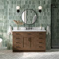 ARIEL Hepburn 54-inch Bathroom Vanity with Sink,Solid Wood, 1.5-inch Italian Carrara Marble Countertop & Backsplash, Single Oval Porcelain Sink, 2 Soft Closing Doors, 9 Dovetail Drawers, Brown Oak
