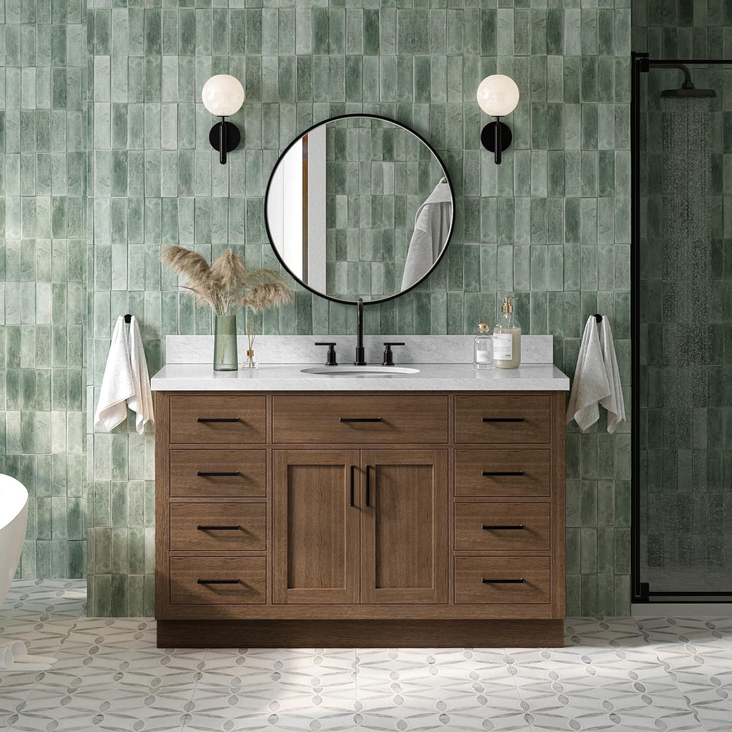 ARIEL Hepburn 54-inch Bathroom Vanity with Sink,Solid Wood, 1.5-inch Italian Carrara Marble Countertop & Backsplash, Single Oval Porcelain Sink, 2 Soft Closing Doors, 9 Dovetail Drawers, Brown Oak