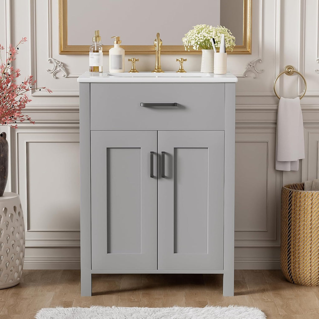 Harper & Bright Designs 24' Bathroom Vanity with Sink, Free Standing Single Basin Vanity Set with 2 Soft-Close Doors and Drawer, Modern Wooden Storage Cabinet with Ceramic Basin for Bathroom, Grey