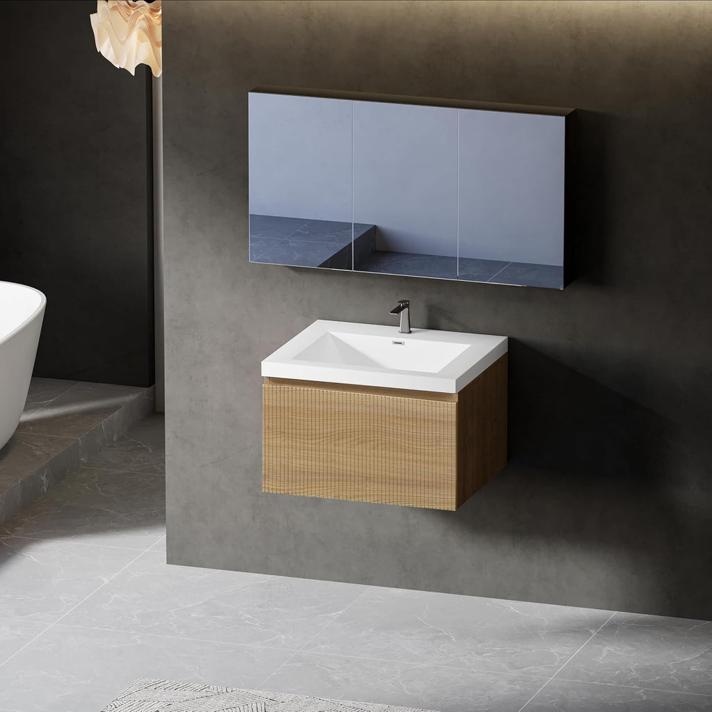 Modern 24'' Floating Bathroom Vanity Sink Combo, Wall-Mounted Striped Cabinet with Soft-Close Drawer, Double Glossy White Basins, Natural Oak Finish - Elegant Storage Solution