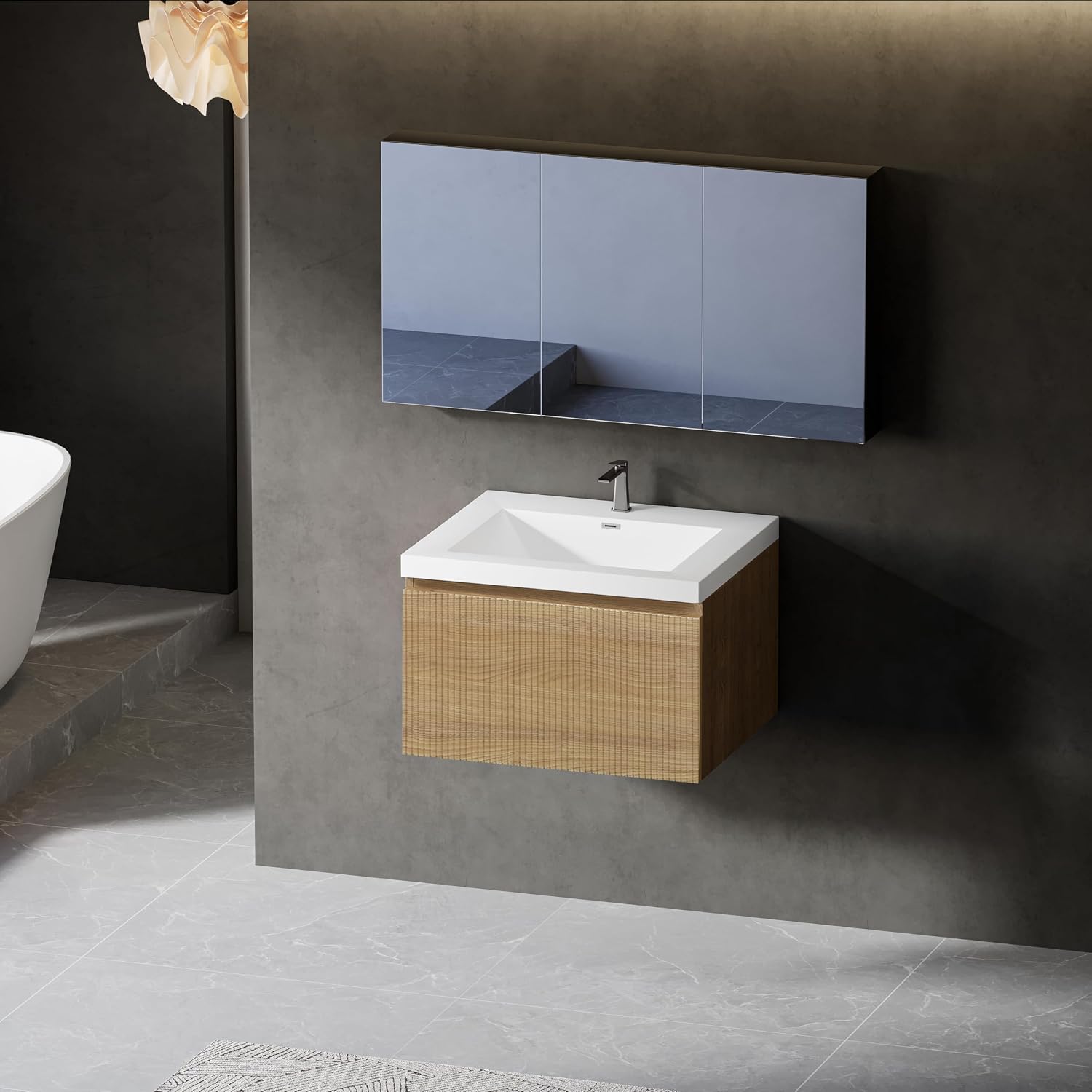 Modern 24'' Floating Bathroom Vanity Sink Combo, Wall-Mounted Striped Cabinet with Soft-Close Drawer, Double Glossy White Basins, Natural Oak Finish - Elegant Storage Solution