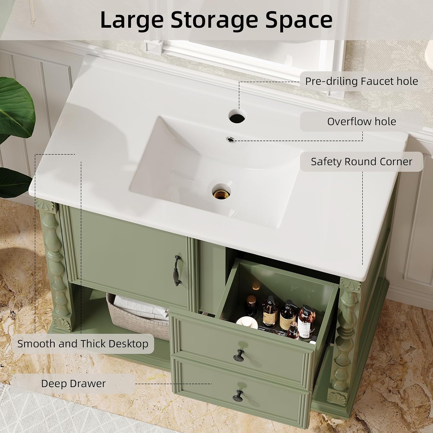 ONBRILL 36' Bathroom Vanity with Sink Combo, Modern Bathroom Vanities with Open Storage Shelf, 4 Solid Legs, Drawer, Door, Ceramic Integrated Sink, Freestanding Bath Storage Cabinet (Green)